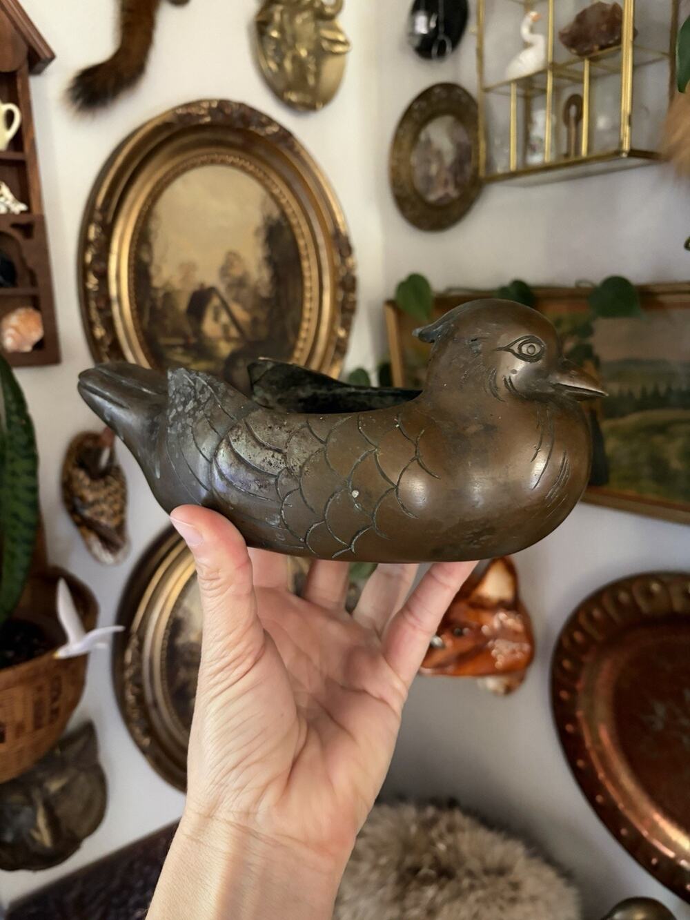 Antique Japanese Bronze Bird Bowl Bronze Planter Hand Etched Bird Vase